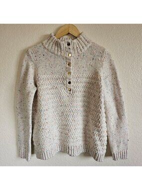 Talbots Womens M Long Sleeve Texture Tweed Snap Mockneck Sweater